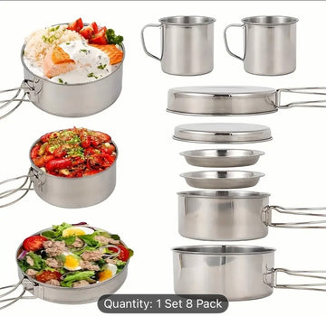 🏕️ 8-Piece Stainless Steel Camping Cookware Set 🍳🔥